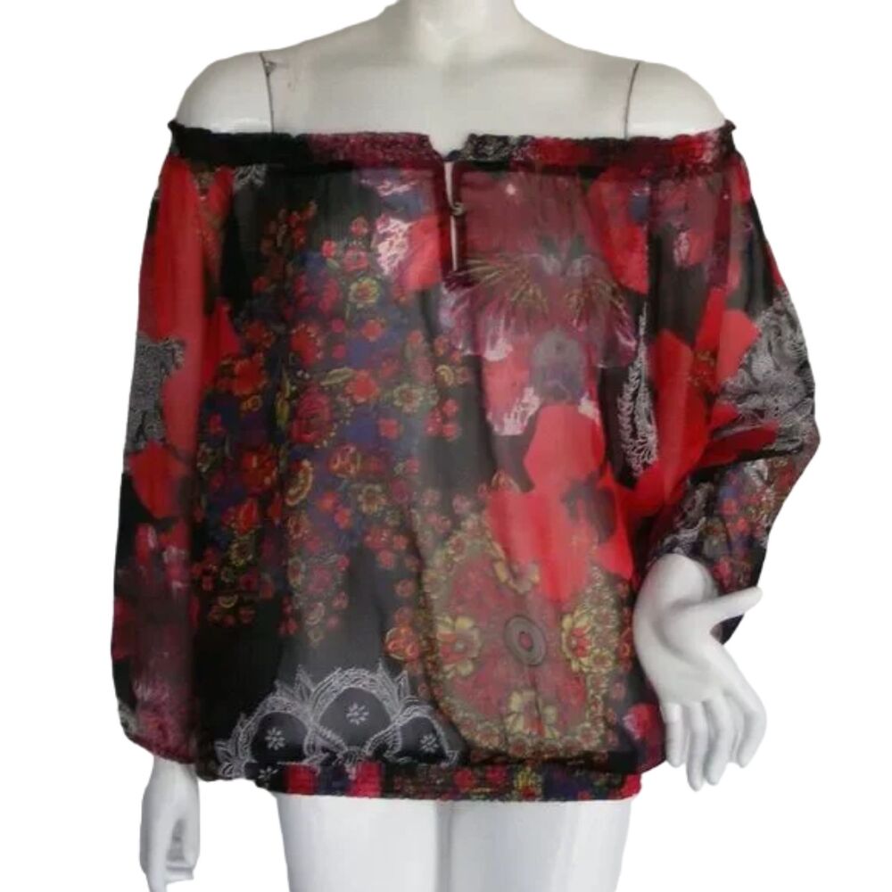 DESIGUAL Sheer Top, XL, Red/Black, Off-shoulder, Elastic neckline/Waist, Logo